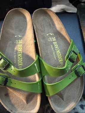 Birkenstock Two-Strap Patent Sandals in Green